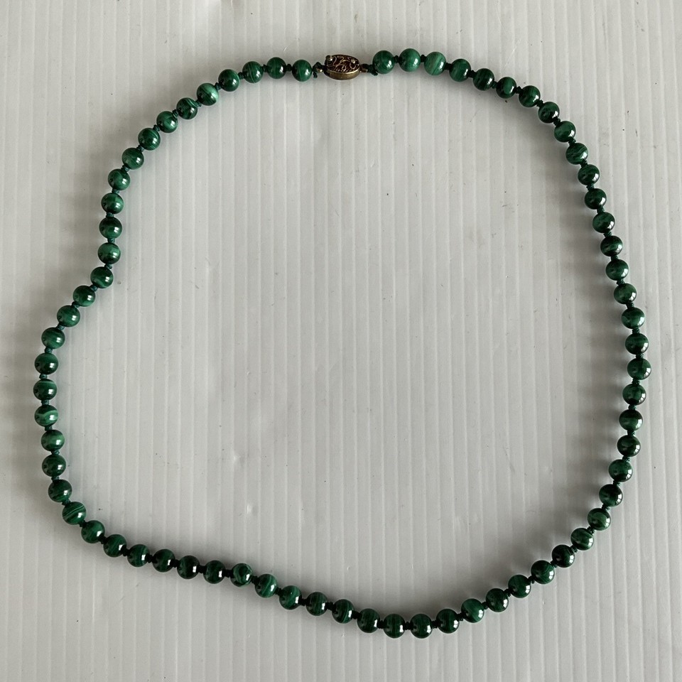 Malachite 24" Bead Necklace Gold & Silver Clasp Hand Knotted Vintage eBay