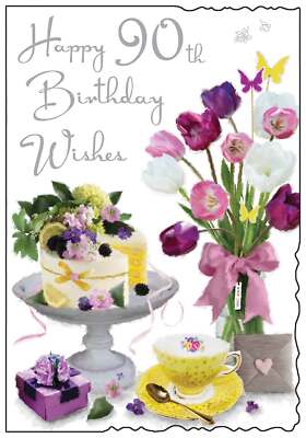 Geburtstagskarte Zum 90. – Mit Torten, Blumen Und Teetasse Im Bunten Design