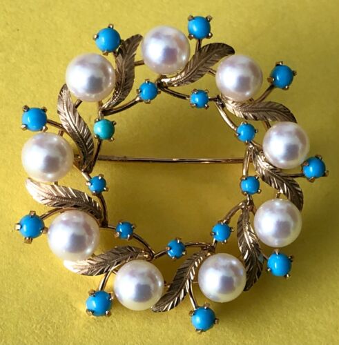 Antique Vintage 14K Gold Leaves Pearl Wreath Turquoise Brooch Pin 9.3g Gorgeous!
