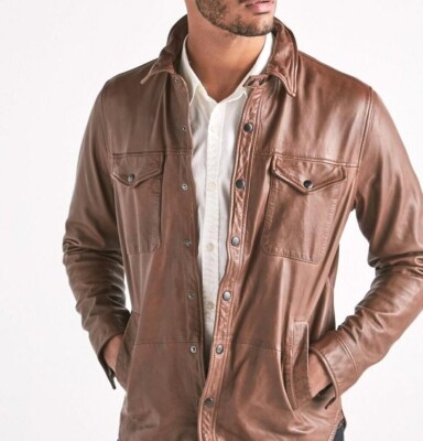 Men's Slim Fit Brown Leather Shirt - Snap Button Up Real Soft Leather Jacket