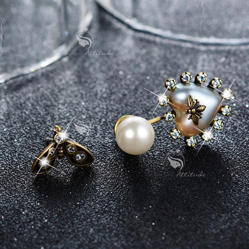 Vintage copper heart stud crystal pearl buzzy bee unbalanced ear jacket