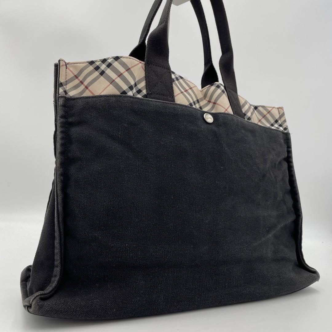 Burberry Tote Bag Nova Check Silver Button Horse Logo Black A4