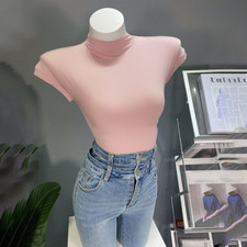 Lady Crop Top Short Sleeve Blouse Tee Mock Neck Bottoming Shirt Clubwear Fashion