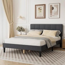 Wood Bed Frame Full Queen Twin Size Linen Upholstered Platform Bed w/ Headboard
