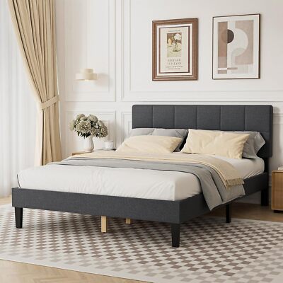 Full Queen Twin Size Wood Bed Frame Linen Upholstered Platform Bed w/ Headboard