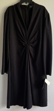 Adrianna Papell Dress Black Long V Neck Rouched Gathered Middle Stretch 14 NWT