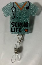 Scrub Life- New Retractable Reel ID Badge Lanyard Clip Nurse CNA Green Sparkle