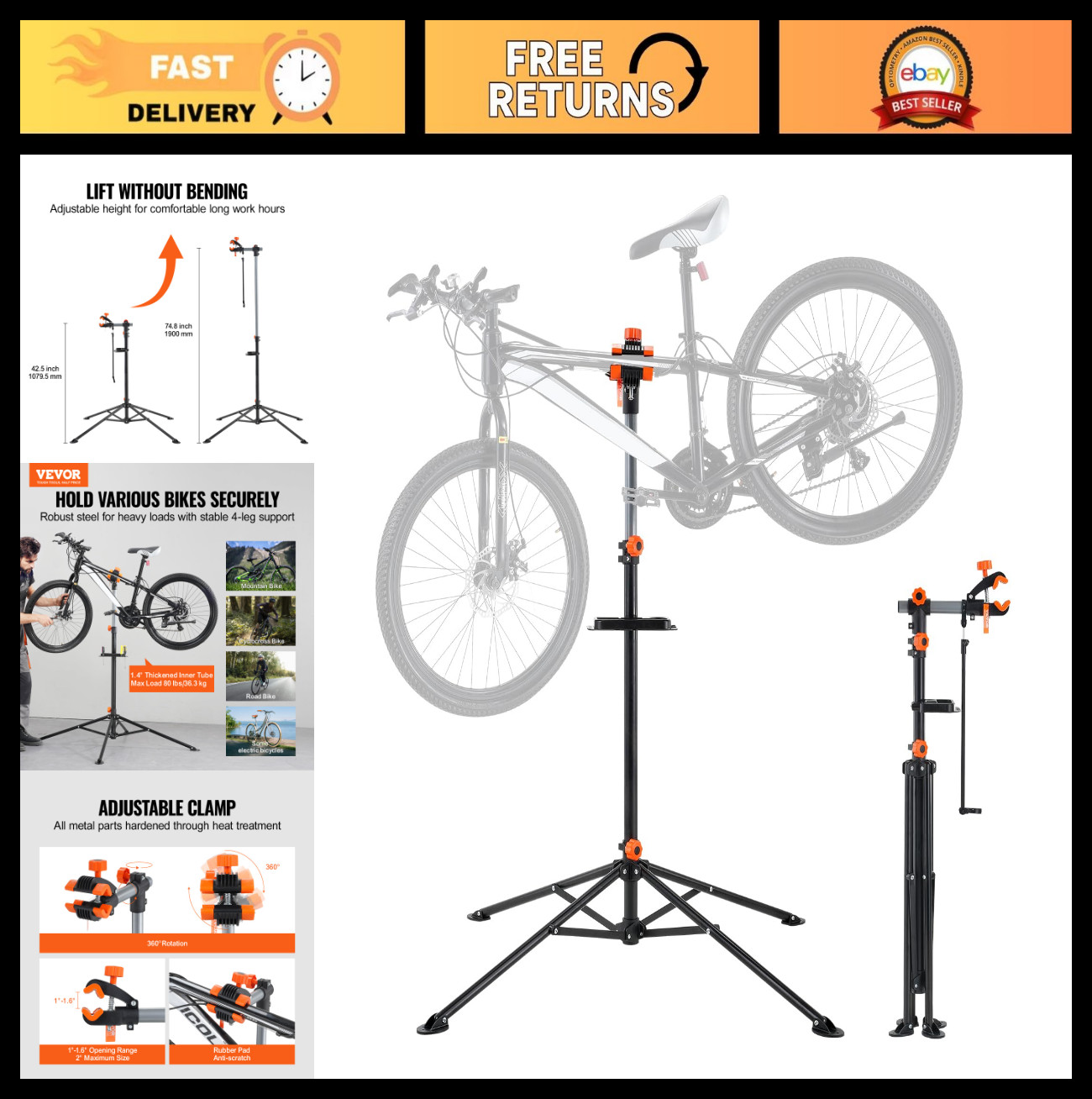 Adjustable Height Bike Repair Stand, 4-Leg Steel Maintenance Workstand, Foldable