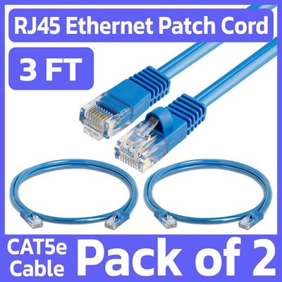2 Pack Cat5e Patch Cable Blue 3FT Ethernet Cord Lan Network Internet Wire RJ45