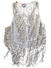Arizona VTG 70s Inspired Crochet Crop Vest Womens Small Fringe BohoChic Festival