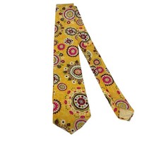 Men's Tie Floral Yellow and Red Handmade Cotton Boho Style Seersucker Lining