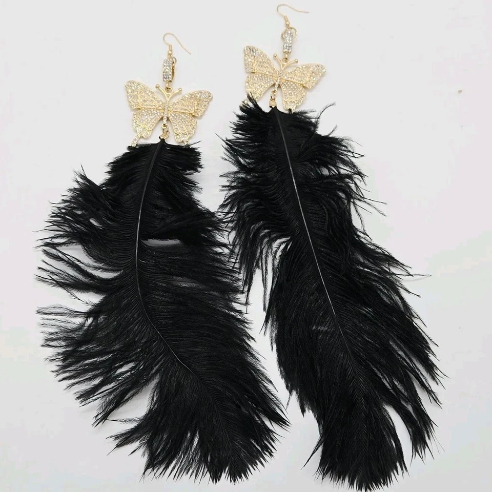 Black Feather Earrings Butterfly Crystal Accent Gold tone Bohemian Long 10 in - Image 4 of 4