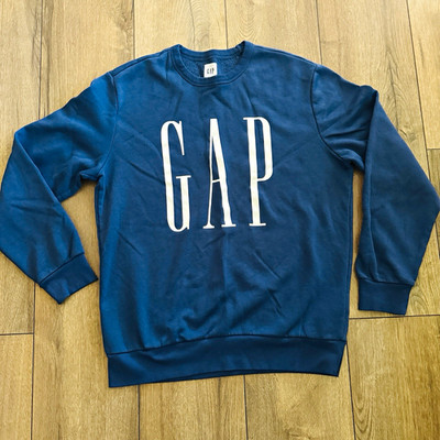 GAP Men s Blue Crew Neck Pullover Fleece Sweatshirt Logo Graphic Print M