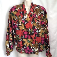 Vintage August Silk Sz Medium Fall Flower Colors Floral Light Jacket Blazer 80  s