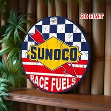 Vintage Sunoco Round Checkered Tin Metal Signs Home Décor 8x8 