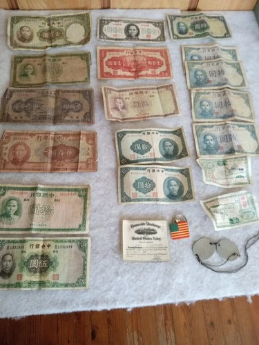 ORIGINAL WW2  VINTAGE US MILITARY Dog Tags & CHINA PAPER MONEY