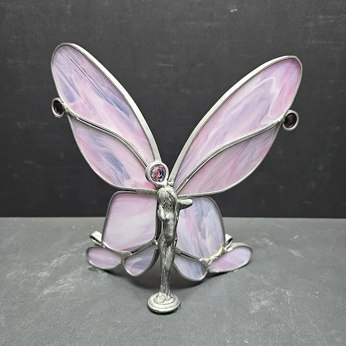 VTG Quoizel Leaded Stained Glass Butterfly Fairy Pewter Purple Pink Wings 8”