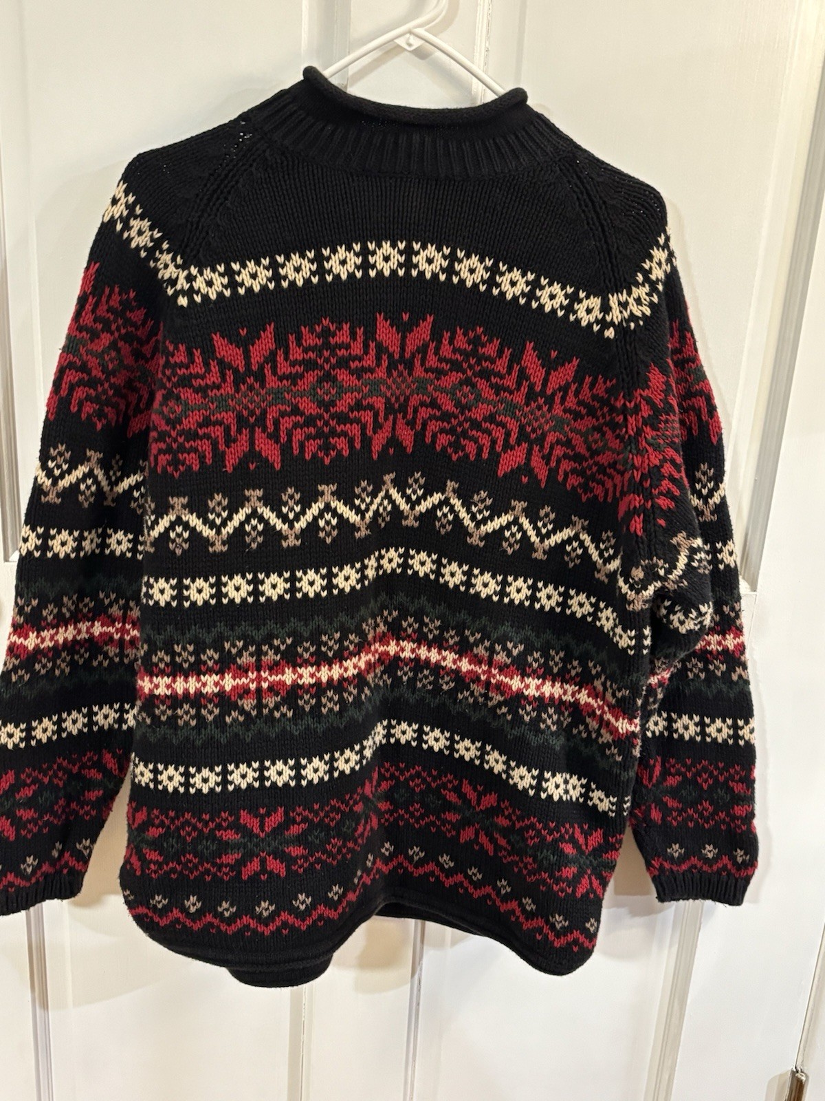 Eddie Bauer Sweater Womens XL Black Red Fair Isle Rolled Collar Pullover Vintage