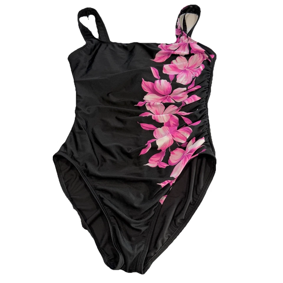 Купальник цельный на косточках Miraclesuit черный розовый с цветочным узором боковой салфеткой размер 12 - Изображение 4 из 4