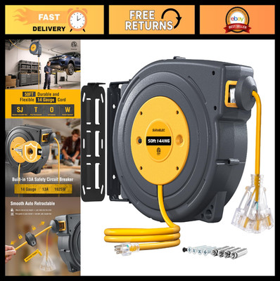 50 FT Retractable Extension Cord Reel, 14 Gauge Heavy Duty Power Cord, 13 AMP, L
