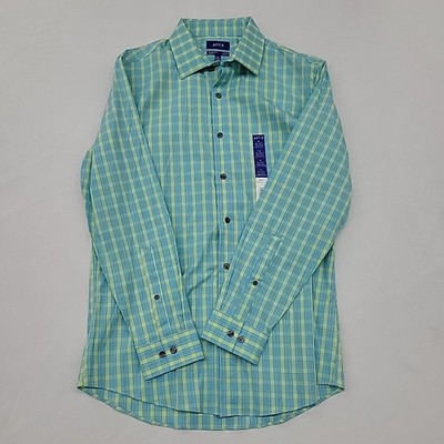 APT.9 Green Blue Plaid Casual Button Down Shirt M Premier Flex Extra Slim Fit 