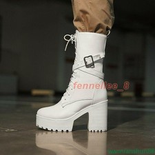 Womens Lace Up Block Heel Platform Round Toe Punk Knight Ankle Boots Pumps Shoes