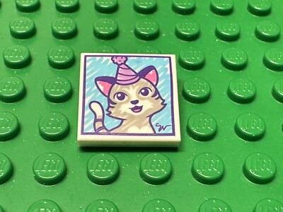 Lego 2X2 Tile with Cat Wearing Party Hat Drawing Pattern