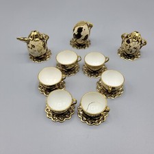 Vintage Doll House Miniature Quail Eggshell Tea Set With Gold Tone 9 Piece Set