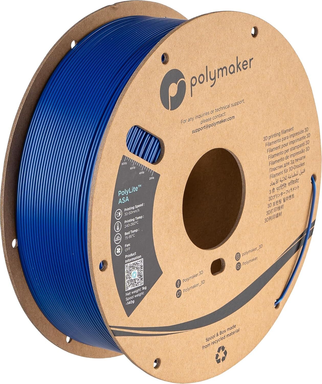 Polymaker PolyLite ASA Blue - 1.75mm - 1kg Bobina di cartone blu Asa da 1 kg (Pa