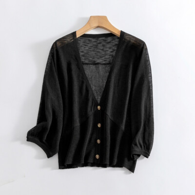 Lady Spliced Chiffon Cropped Cardigan 3/4 Sleeve Bolero Shrug