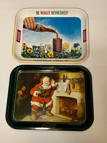 Lot of 2 Vintage COCA COLA Metal Trays, 1960s Be Really Refreshed & 1980s Santa