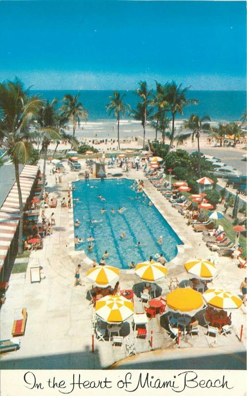 Birdseye View Miami Beach Florida Sands Motel roadside 1950s Postcard pool 7795