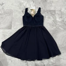 Mori Lee 31054 Bridesmaid Dress Size 10 Navy Blue Lace with Matching Chiffon