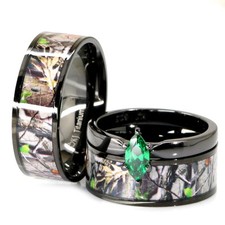 His  Her Black Titanium Camo Marquise Stainless Steel Engagement Wedding Rings