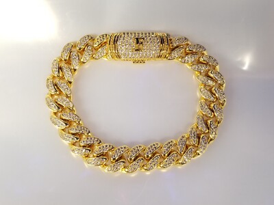 ETEVON Cuban Link Chain Initial '' F '' Bracelet for Men Gold Plated 8.19''