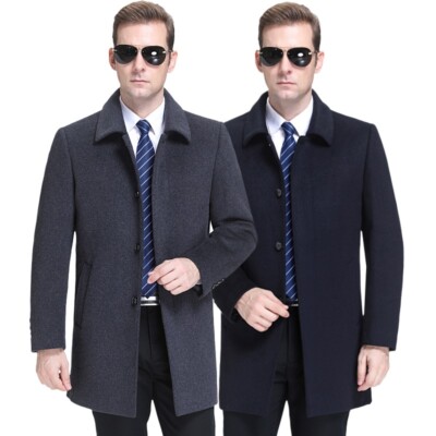 Men Mid Long Trench Coat Woolen Overcoat Business Single Breasted Outwear Casual