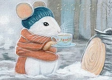ACEO print limited edition white mouse take a tea break by Anna Hoff Germany