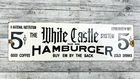 VINTAGE 10x3" 5c WHITE CASTLE HAMBURGER DINER SODA POP GAS PORCELAIN SIGN