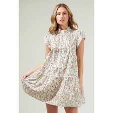 Hausen Floral Pleated Mini Dress Size L Mockneck Ivory White Short Sleeve