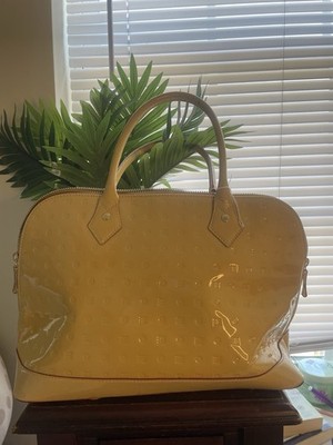 Arcadia Women s Yellow Patent Satchel Top Handle Zip Gold Hardware Lined Pockets