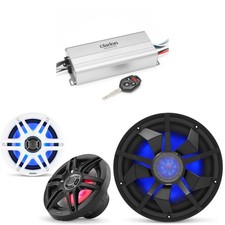 Clarion Marine 4 Channel Amp  6.5" w/ 12" Black Grill Boat Audio Upgrade Bundle