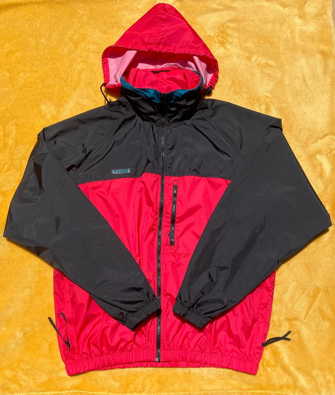 Vintage 90s Columbia Colorblock Wingbreaker Jacket Red Black Teal Hooded Men's L