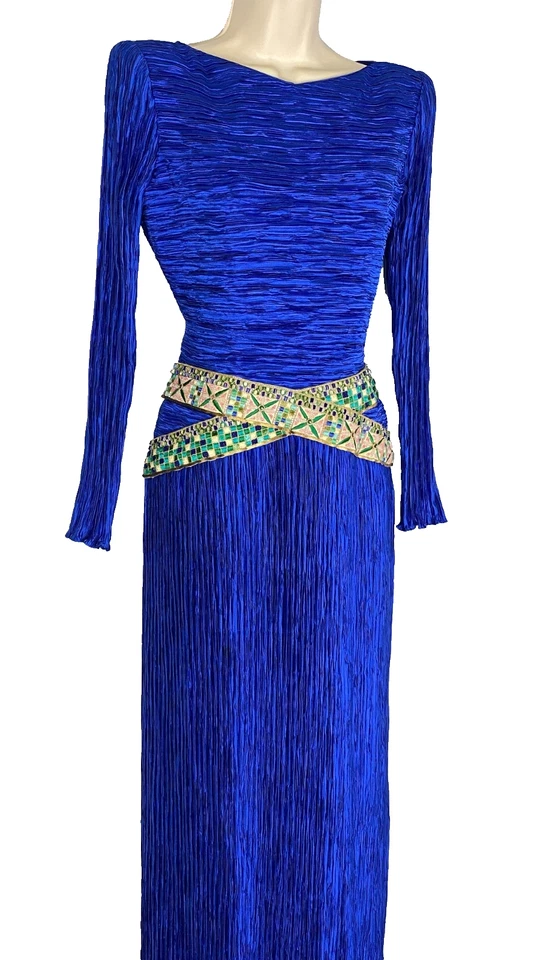 Vestido formal vintage década de 1980 MARY MCFADDEN COUTURE azul seda bordado com miçangas S - Imagem 3 de 4