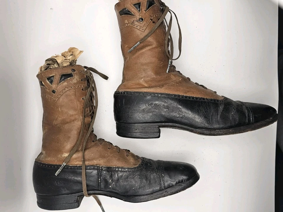 Botas victorianas antiguas de cuero para mujer 8,25 pulgadas de largo 7 pulgadas de alto dos tonos Foto 3 de 4