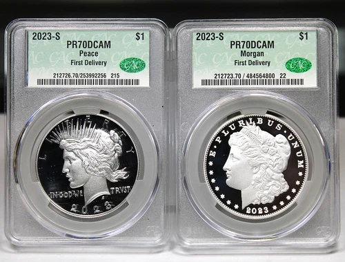 Pair of 2023 S Proof Morgan & Peace Silver Dollars - CAC Graded PR70 DCAM !!