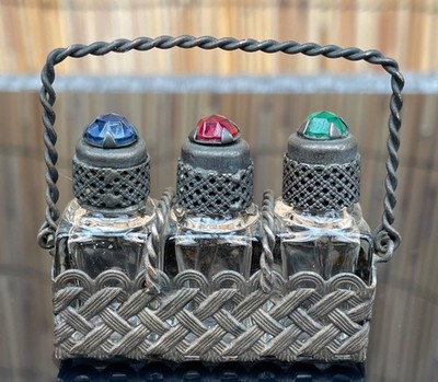 Vintage Perfume Bottles Three Tiny Ornate Bottles Jeweled Tops in Metal Tray