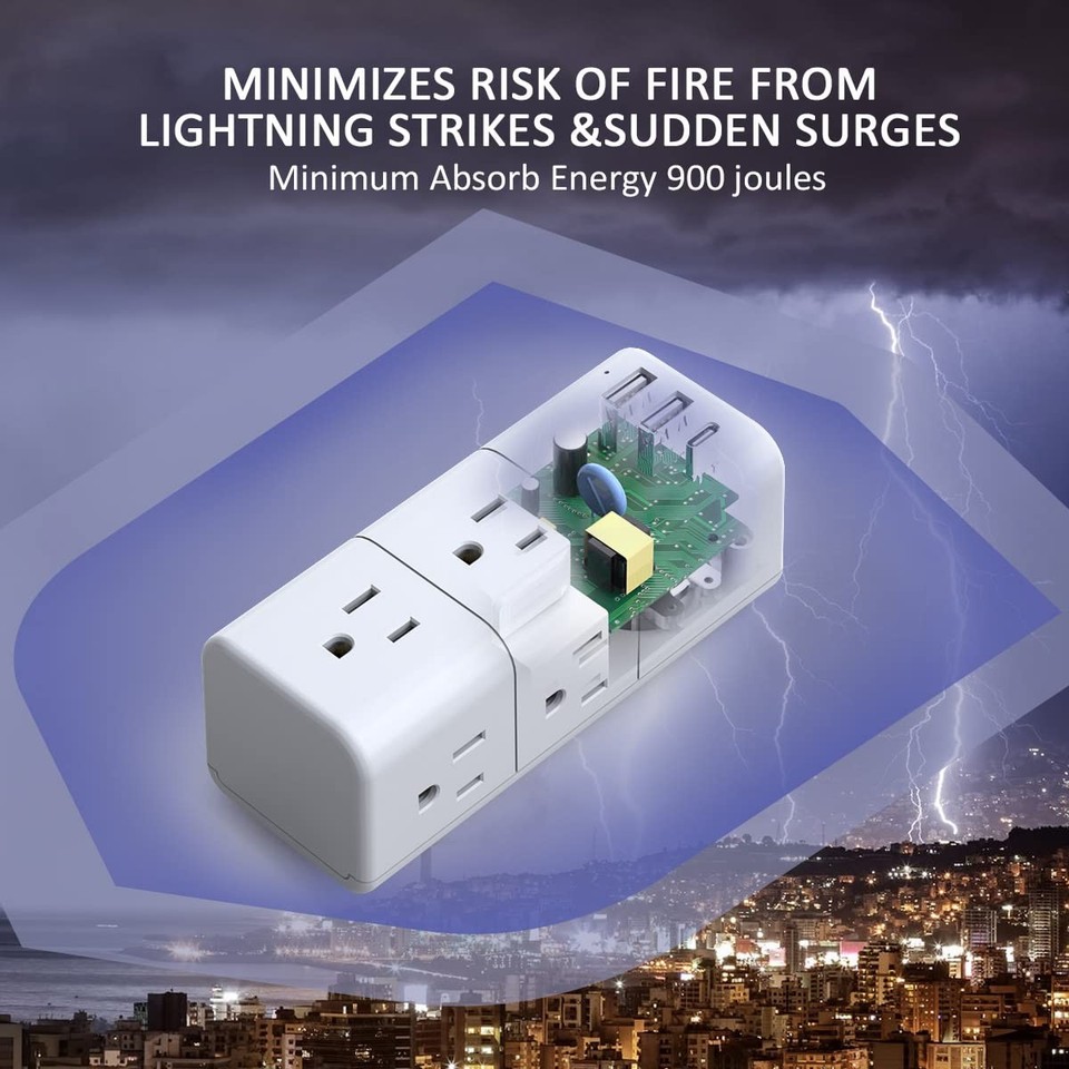 USB Multi Plug Outlet Swivel Extender Surge Protector 3 USB Ports 3 ...