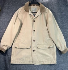 VTG L.L.Bean Men’s SzM Chore Barn Jacket Coat Tan Canvas Corduroy Collar FLAWS!