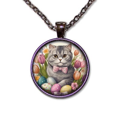 Easter Theme Cute Scottish Fold Cat Lovers Handmade ROUND Glass Pendant Necklace
