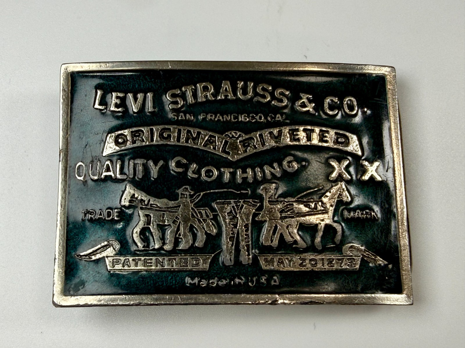 Levi Strauss Co Label Original Riveted Promo Vintage Green Enameled Belt Buckle  thumbnail 10
